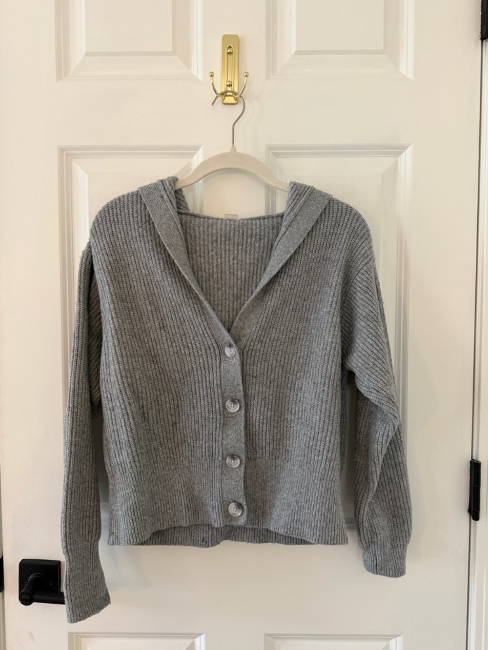 LOFT Gray Ribbed Button-Up Hooded Sweater